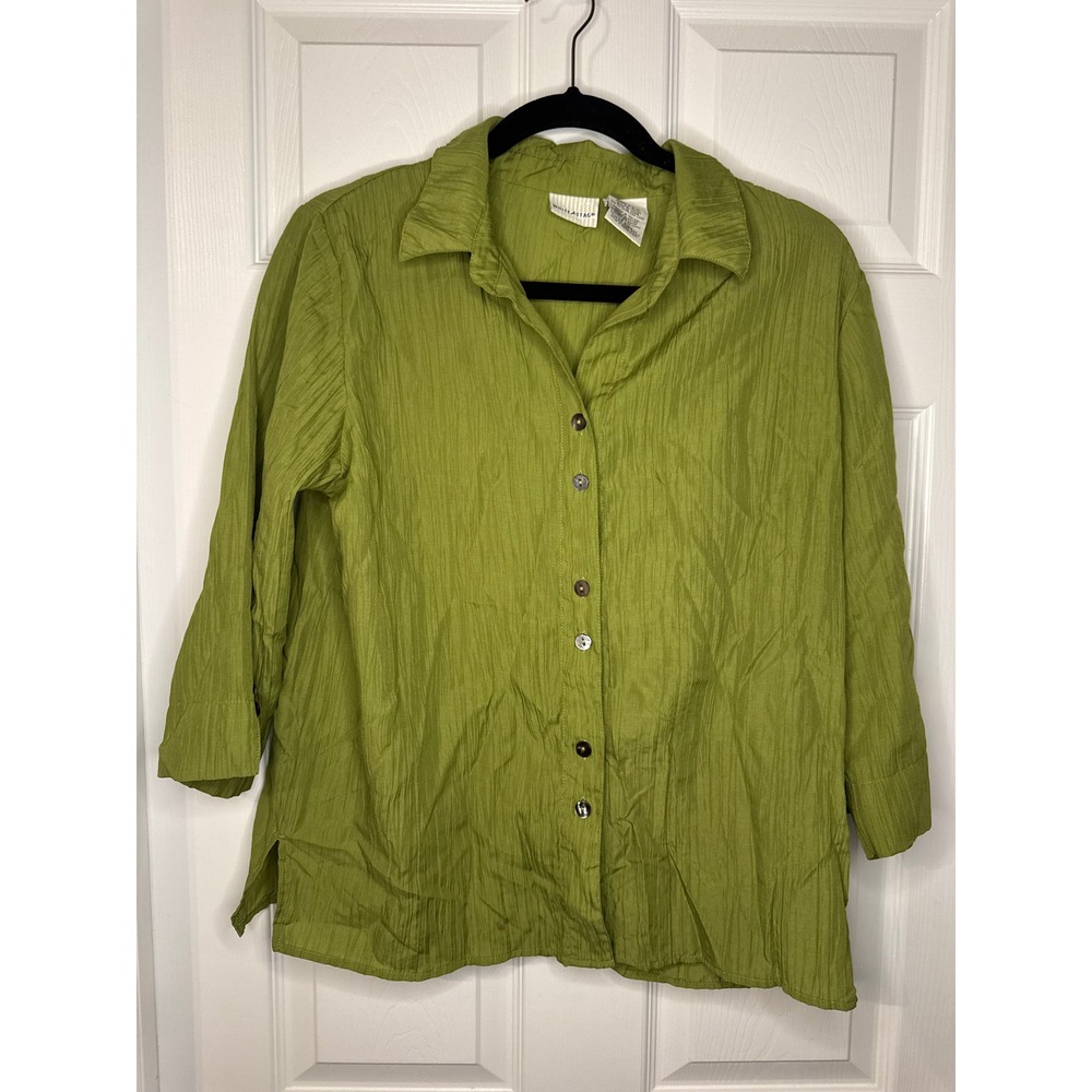 White Stag Avocado Twist Crinkle Button Down Shirt 3/4 Sleeve Green Womens Med